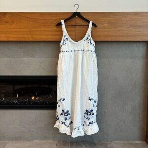 Free People White Maxi Dress with Blue Embroidery